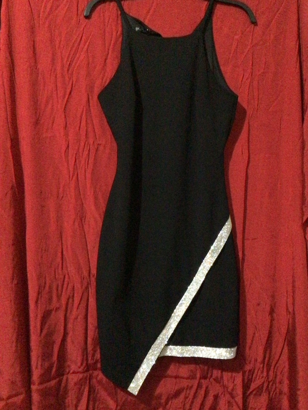 BCX Black Asymmetrical Slip Dress with Silver Trim